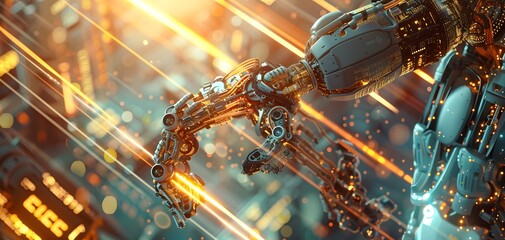 Futuristic robotic arm with intricate details and glowing elements, symbolizing advanced technology and innovation.