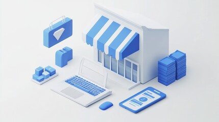 A digital storefront scene featuring a laptop, smartphone, and various packages.