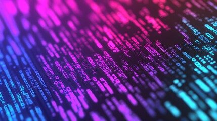 A vibrant digital background showcasing streams of binary code in shades of blue and pink, representing technology and data flow.