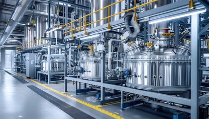 Fototapeta premium A modern industrial facility showcasing large stainless steel tanks and advanced machinery for manufacturing processes.