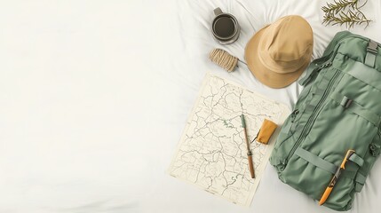 Camping gear laid out on a white background, featuring a map, backpack, hat, and accessories.