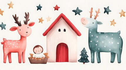 Naklejka premium Whimsical illustration featuring colorful reindeer, a cozy house, a child in a basket, and stars, creating a festive and playful holiday scene.