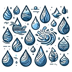 Water drop vector illustration set isolated on white background. Abstract blue liquid sign in flat design. Freshness symbol hand drawn sketch. Raindrop, drinking water, shower, moisturizer concept