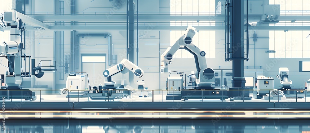 Poster futuristic factory scene featuring advanced robotic arms assembling products with precision and effi