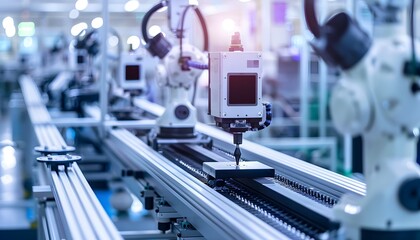 Advanced automated machinery with robotic arms in a high-tech manufacturing facility demonstrating precision and efficiency.