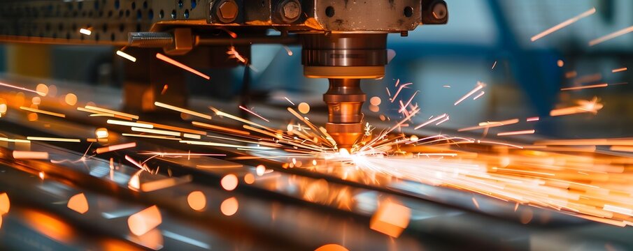 A close-up of a laser cutting machine in action, producing sparks and showcasing precision in industrial fabrication.
