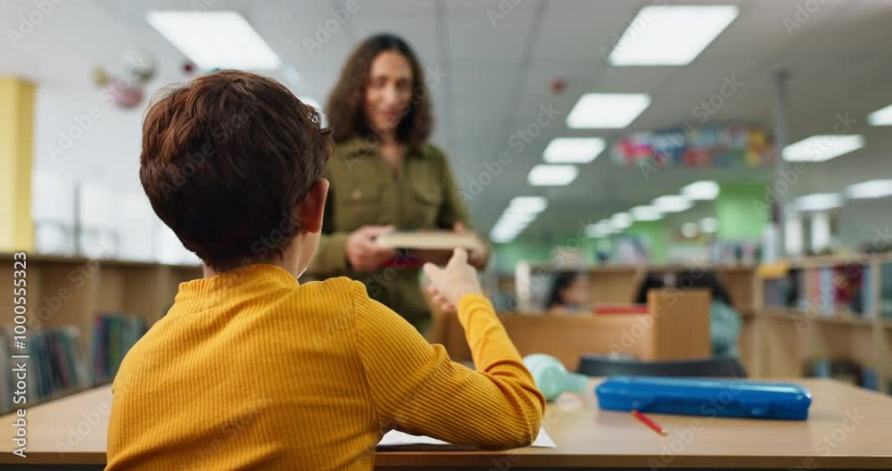 Poster hand, back and kid with question in library for education service, request and academic support. stu