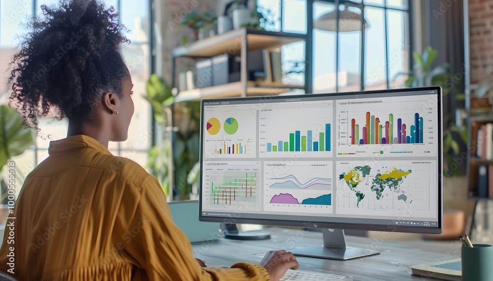 Poster young professional analyzing data on a large computer screen in a modern office environment, focused