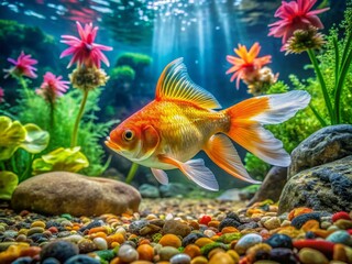 Fototapeta premium Vibrant Goldfish Swimming Gracefully in Clear Water Surrounded by Colorful Aquatic Plants and Stones