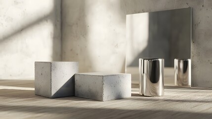 Realistic photograph of concrete blocks and chrome cylinders on a wooden surface, with a subtle shadow play and a mirror in the background
