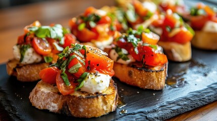 Dark slate plate with assorted bruschetta topped with fresh tomatoes, basil, and mozzarella, capturing a rustic charm