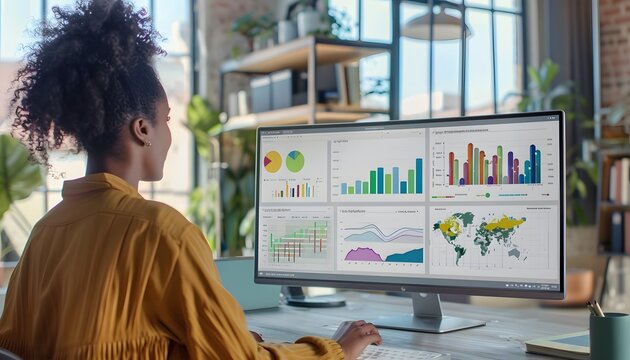Young professional analyzing data on a large computer screen in a modern office environment, focused on charts and graphs.