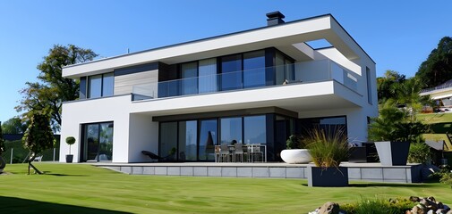 Fototapeta premium Modern architectural design of a luxurious house surrounded by a green landscape, featuring large windows and a spacious terrace.
