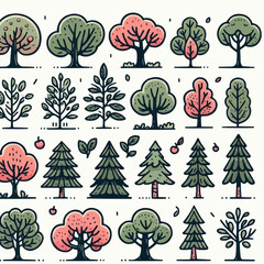 Cartoon tree set with hand drawn elements isolated on white background. Flat trees doodle design. Simple nature silhouettes outlines vector illustration. Mango tree, spruce, asian, european trees.