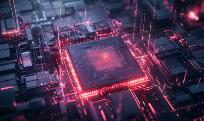 Obraz premium Futuristic AI Chip with Neon Circuits and Dynamic Data Streams in High-Tech Digital Environment