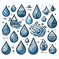 Water drop vector illustration set isolated on white background. Abstract blue liquid sign in flat design. Freshness symbol hand drawn sketch. Raindrop, drinking water, shower, moisturizer concept