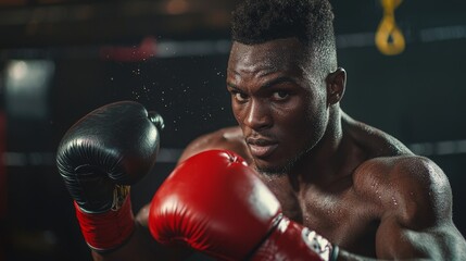 A focused boxer in red gloves blocks a punch in a dark gym, intensity in his eyes.
