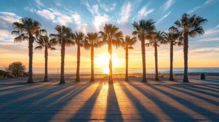 Dramatic long shadows cast by a row of palm trees along a coastal promenade at sunset