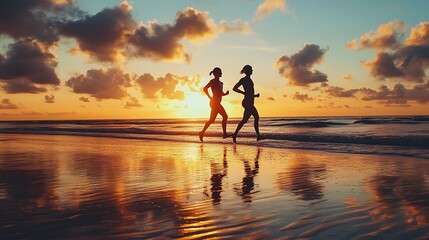 Fototapeta premium Two women running on a beach at sunset.