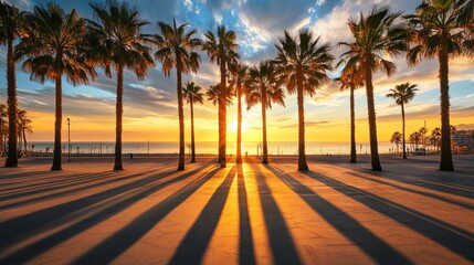 Dramatic long shadows cast by a row of palm trees along a coastal promenade at sunset