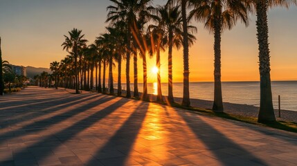 Dramatic long shadows cast by a row of palm trees along a coastal promenade at sunset