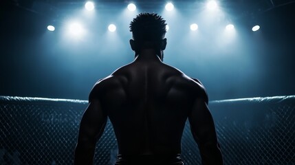 A shirtless MMA fighter stands ready in the cage, backlit by dramatic spotlights.