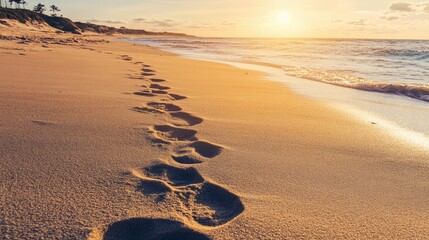 Footsteps imprinted in the sand of a beach, forming a natural path on the sunlit shoreline floor