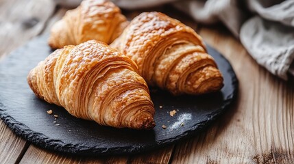 Freshly baked croissants on a dark slate plate, placed on a wooden table with a warm, cozy ambiance