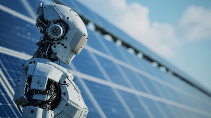 A sophisticated humanoid robot stands near a solar panel field, symbolizing the integration of AI with sustainable energy. The scene reflects the convergence of technology and environmental
