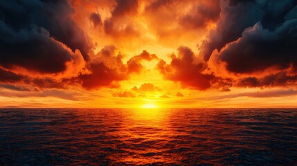 Obraz premium Dramatic Sunset over Ocean with Dramatic Clouds and Golden Sky