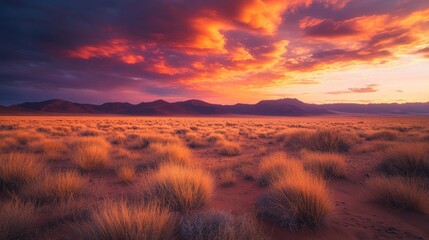 Obraz premium Golden sky at dusk with a dramatic blend of orange, pink, and purple hues over a desert landscape