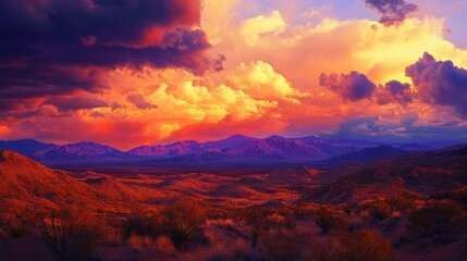 Obraz premium Golden sky at dusk with a dramatic blend of orange, pink, and purple hues over a desert landscape