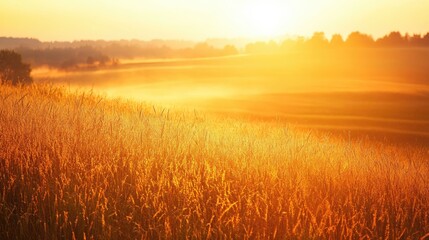 Fototapeta premium Golden sky during sunrise over a rural field, with golden light illuminating the grass and a soft haze in the distance