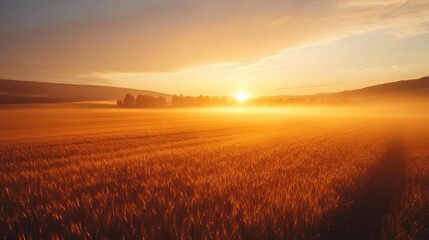 Golden sky during sunrise over a rural field, with warm hues illuminating the landscape and creating long shadows