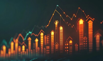 Naklejka premium Real Estate Market Growth Visualization with Cityscape and Upward Trend Line