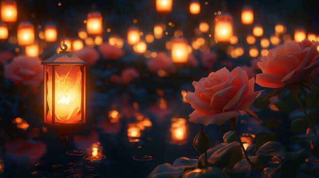 A hyper-detailed rose garden filled with photorealistic glowing roses, illuminated by floating lanterns casting natural, realistic shadows and reflections on the petals