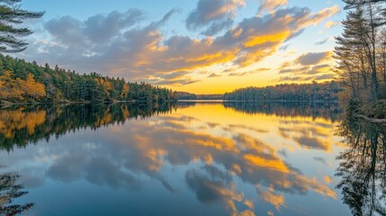 Fototapeta premium Golden sky with pastel-colored clouds reflecting on a calm lake at sunset, creating a tranquil and picturesque scene