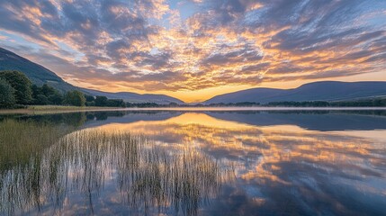 Fototapeta premium Golden sky with pastel-colored clouds reflecting on a calm lake at sunset, creating a tranquil and picturesque scene