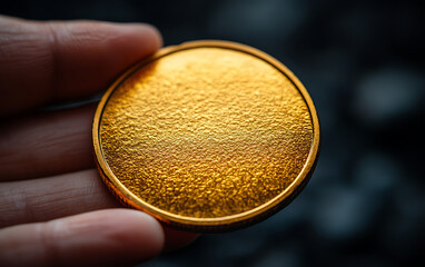 Cryptocurrency Concept: Hand Holding Blank Gold Coin on Dark Background