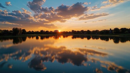 Obraz premium Golden sky with pastel-colored clouds reflecting on a calm lake at sunset, creating a tranquil and picturesque scene