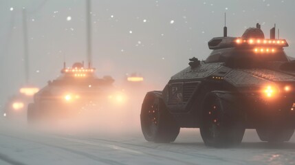 A convoy of armored futuristic vehicles moves through a snowy, fog-covered battlefield at dusk. The glowing lights and intense atmosphere suggest military strength and technology.