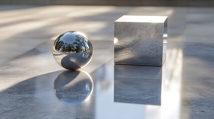 A metallic cube, reflective glass orb, and smooth granite tiles arranged on a clean industrial surface