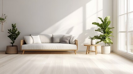 Light-colored hardwood floor in a Scandinavian-style living room, creating a clean and minimalist aesthetic