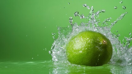 Water splashing on Fresh green lime isolated on green background .generative ai