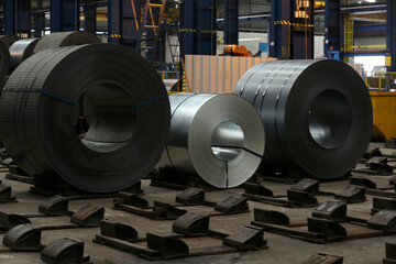 Cold rolled steel coil at storage area. Steel industry plant.