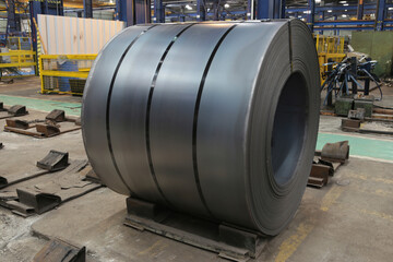 Cold rolled steel coil at storage area. Steel industry plant.