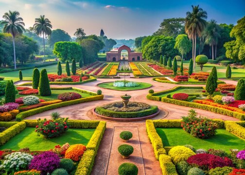 Vibrant Jawahar Circle Garden with Lush Greenery and Colorful Flower Beds in a Serene Atmosphere