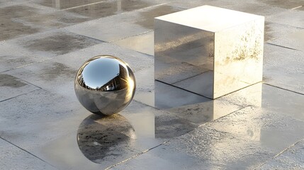 A metallic cube, reflective glass orb, and smooth granite tiles arranged on a clean industrial surface