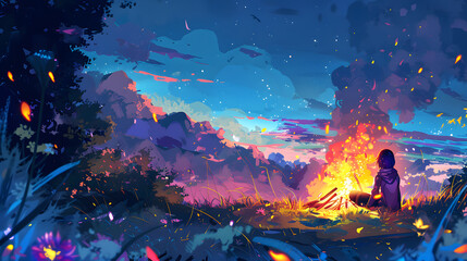 Obraz premium Campfire in a Colorful Forest at Dusk