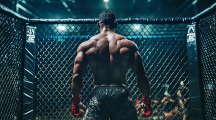 Muscular male MMA fighter in cage, viewed from behind, his back glistening with sweat under dim lights.